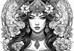 ornate beautiful woman warrior with weapon & floral surrounding tattoo from head to torso tattoo idea