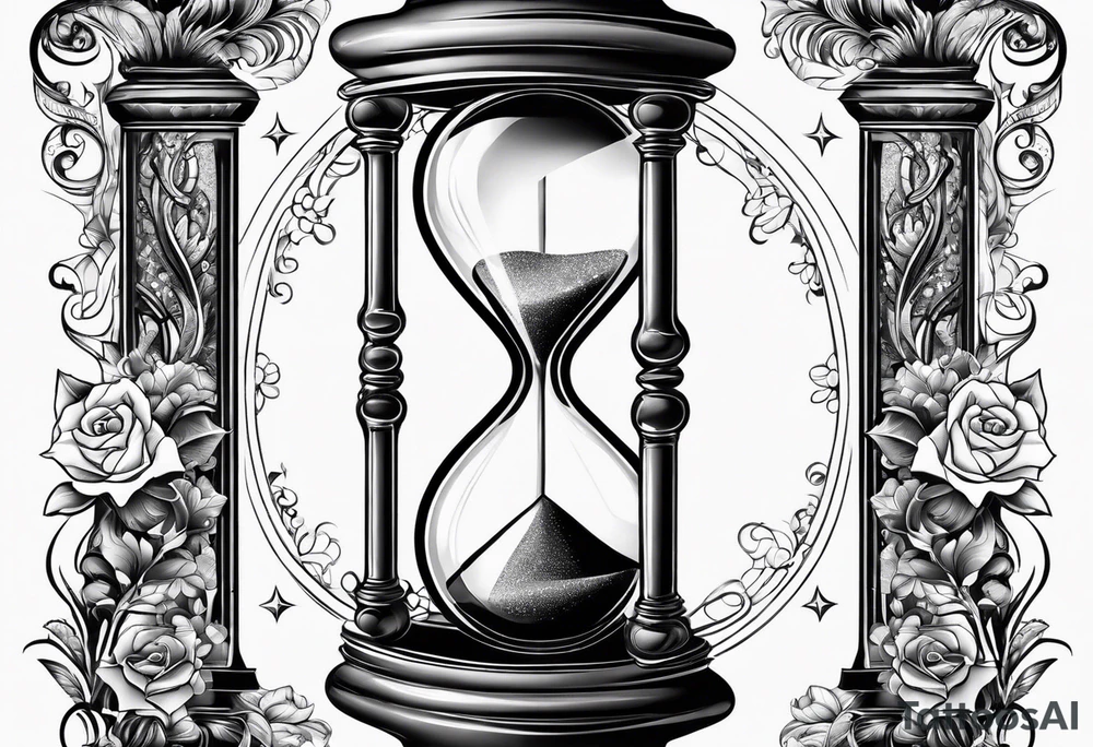 ornate hourglass, long, cosmic stardust, masculine, minimalist, tattoo idea