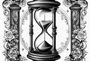 ornate hourglass, long, cosmic stardust, masculine, minimalist, tattoo idea