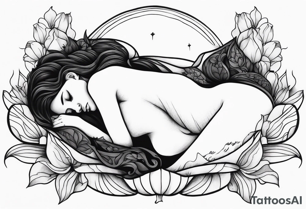 tattoo design of woman asleep in a fetal position inside a closed flower bud. Full body tattoo idea