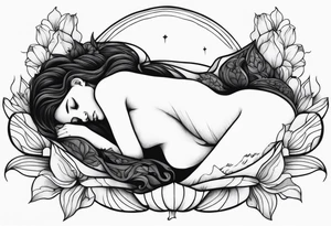 tattoo design of woman asleep in a fetal position inside a closed flower bud. Full body tattoo idea