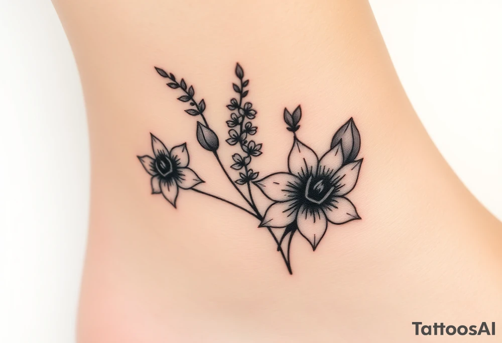 Hexagon Leo larkspurs and water lilies tattoo idea