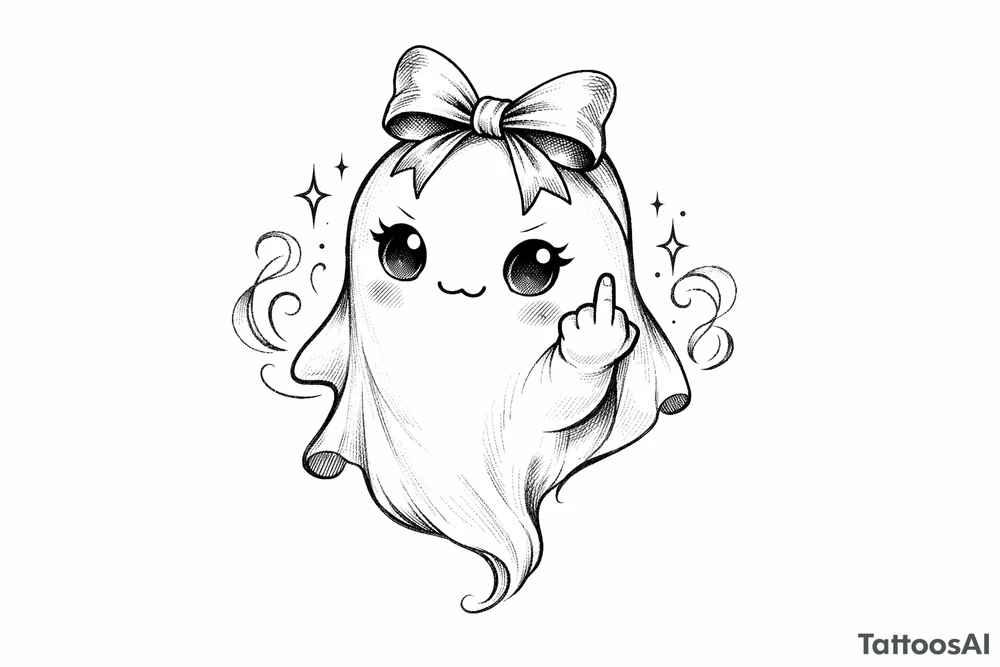 A kawaii ghost with a ribbon bow, playfully flipping the bird, soft shading. tattoo idea