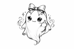 A kawaii ghost with a ribbon bow, playfully flipping the bird, soft shading. tattoo idea