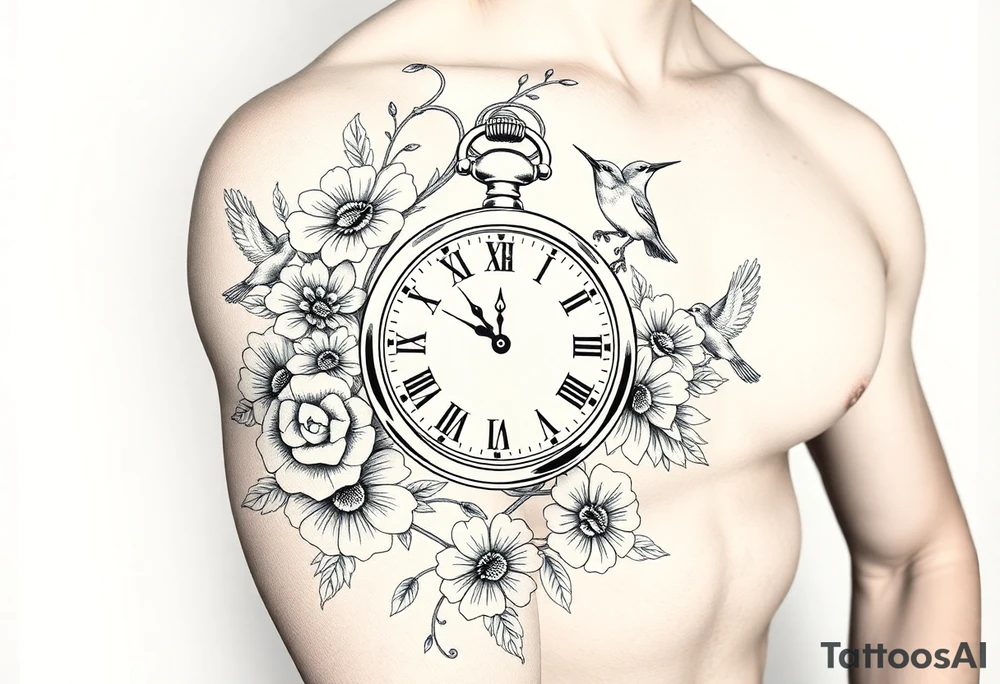Pocket watch , surrounded by floral ornaments and birds tattoo idea