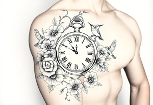 Pocket watch , surrounded by floral ornaments and birds tattoo idea