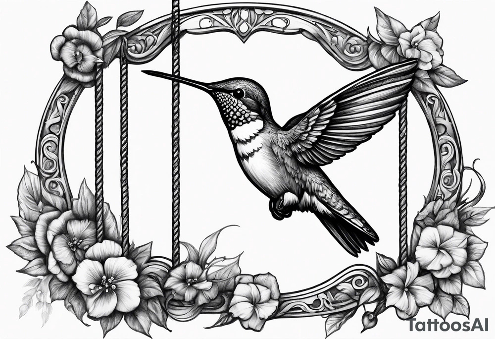 hummingbird with sad angel on swing coming out of tail feathers tattoo idea