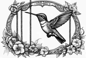 hummingbird with sad angel on swing coming out of tail feathers tattoo idea