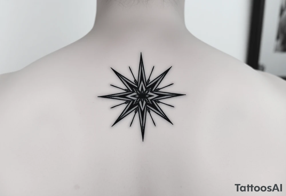 A highly artistic tattoo design with a central focus on a radiant star, symbolizing guidance and empowerment. black and white. small tattoo idea