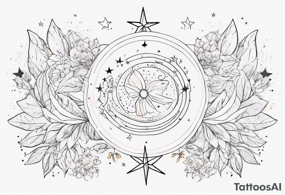 fine line with sun, stars, floral, dots. Sternum tattoo tattoo idea