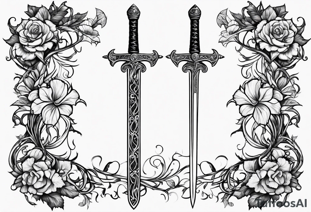 Leafy vines with sword tattoo idea
