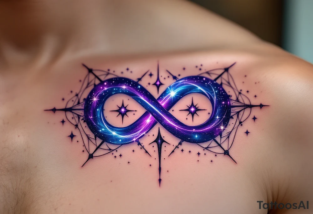 A cosmic infinity symbol with swirling galaxies inside, glowing in deep purple, blue, and silver stardust. tattoo idea