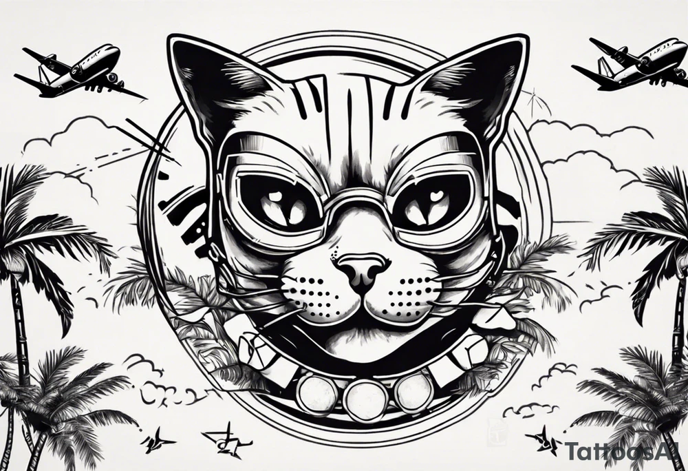 cat in a mask with palm trees and airplanes in the background tattoo idea