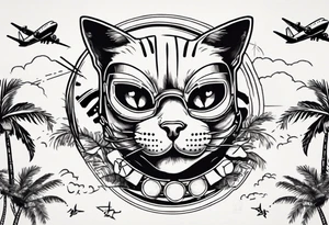cat in a mask with palm trees and airplanes in the background tattoo idea