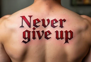 “Never give up” in crimson block letters, cracked like stone with hints of golden resilience lines. tattoo idea
