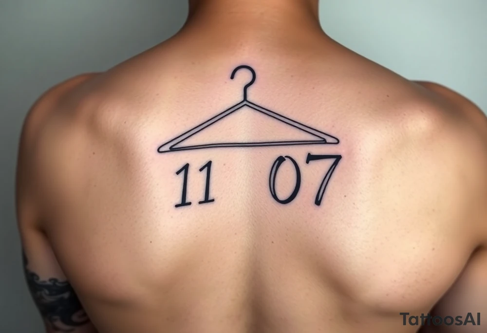 I want a tattoo about 7 cm in size that includes a drawing of a clothes hanger and the numbers 11 07, all in a realistic, beautiful style with stylish lettering tattoo idea