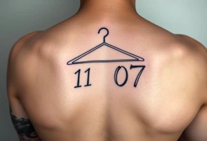 I want a tattoo about 7 cm in size that includes a drawing of a clothes hanger and the numbers 11 07, all in a realistic, beautiful style with stylish lettering tattoo idea