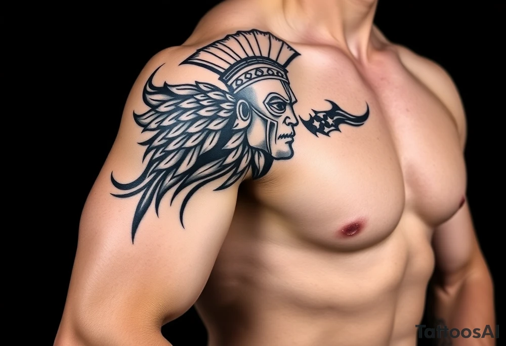 Roman Gladiator on the shoulder with tribal markers down the arm tattoo idea