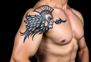 Roman Gladiator on the shoulder with tribal markers down the arm tattoo idea