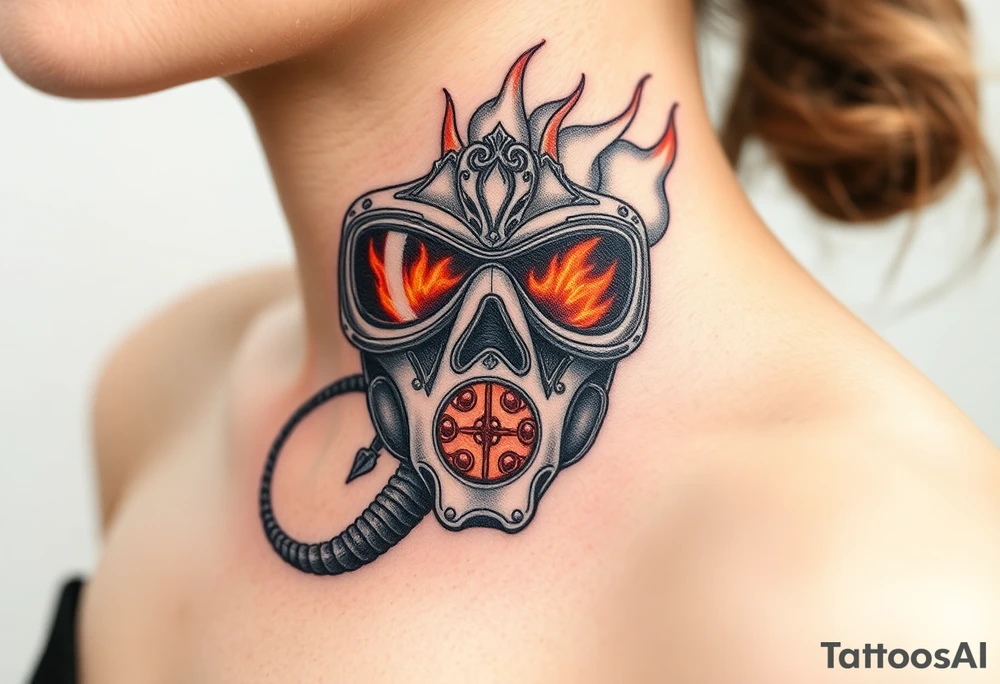 A detailed breathing mask with fire reflecting in the visor tattoo idea