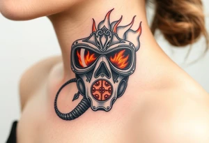 A detailed breathing mask with fire reflecting in the visor tattoo idea