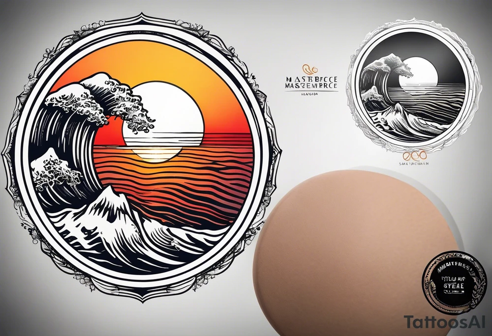 Circle shape, inside sunset and ocean drawing with retro look tattoo idea