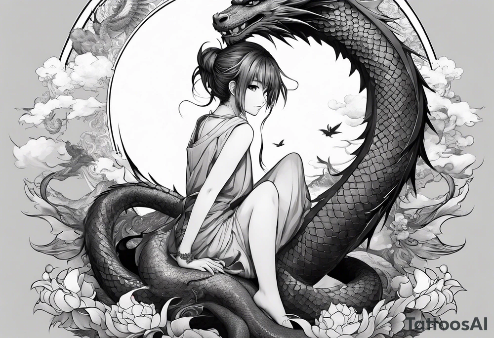 a full shot of an anime girl seen from far, sitting on a ball and surrounded by asian dragon with wings tattoo idea