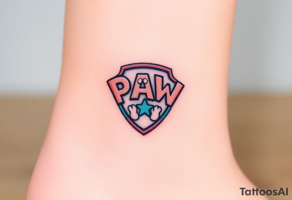 A pentagon-shaped Paw Patrol emblem, in a realistic metallic style with reflective highlights tattoo idea