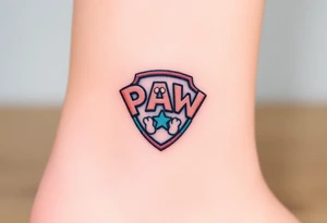 A pentagon-shaped Paw Patrol emblem, in a realistic metallic style with reflective highlights tattoo idea