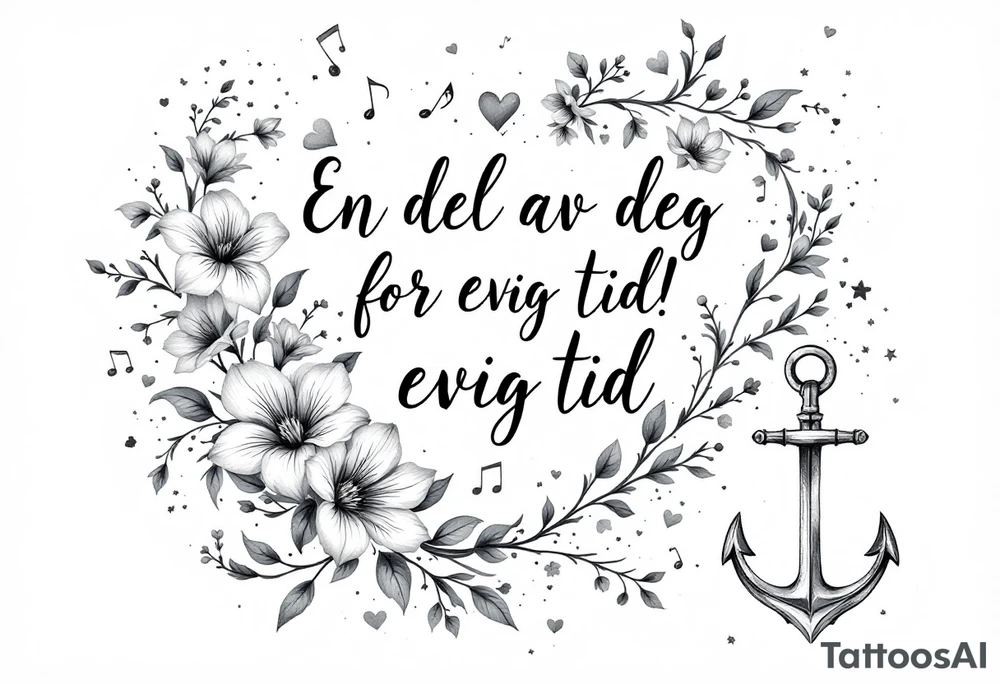 make a quote saying "En del av deg for evig tid! 
Pappa 20.12.24"
Surrounded by delicate long blossom gladious, music notes, hearts and an anchor on the lower right side tattoo idea