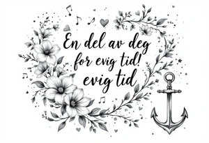 make a quote saying "En del av deg for evig tid! 
Pappa 20.12.24"
Surrounded by delicate long blossom gladious, music notes, hearts and an anchor on the lower right side tattoo idea