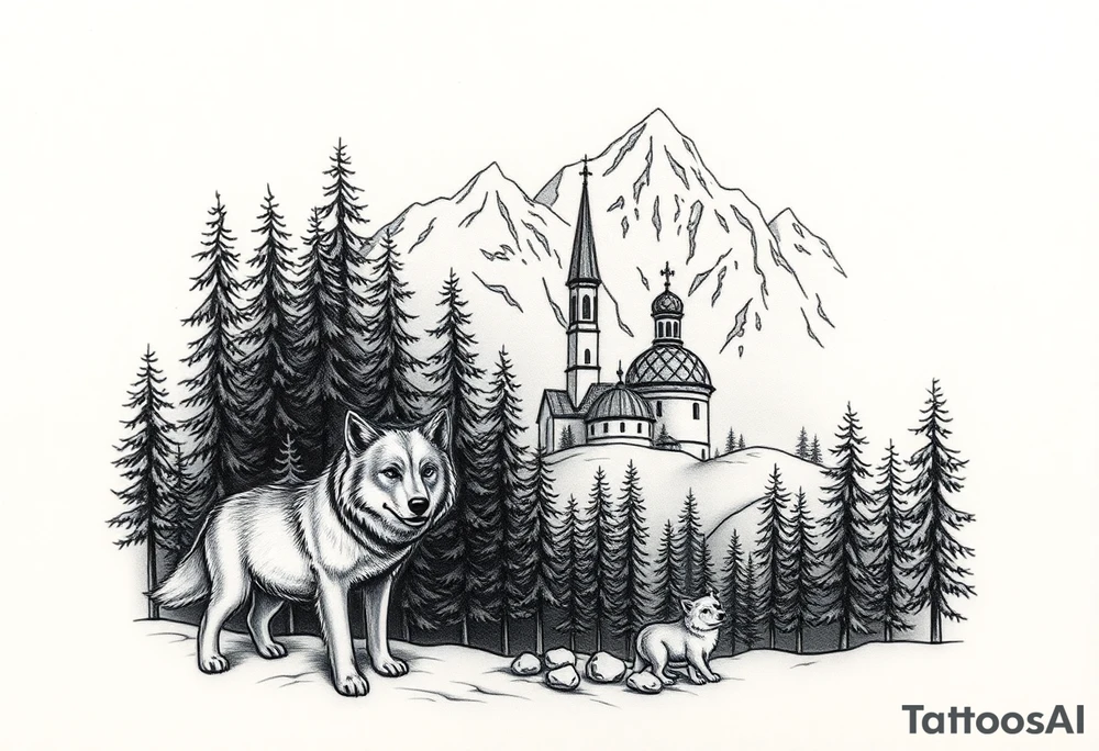 Nature/Landscape

Wolves in a pine forest (extending the tree line you already have)
A Russian bear emerging from the treeline
Snow-capped mountains behind the church scene tattoo idea