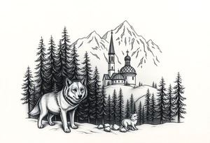Nature/Landscape

Wolves in a pine forest (extending the tree line you already have)
A Russian bear emerging from the treeline
Snow-capped mountains behind the church scene tattoo idea