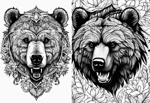 angry bear leaves and flowers, different seasons tattoo idea
