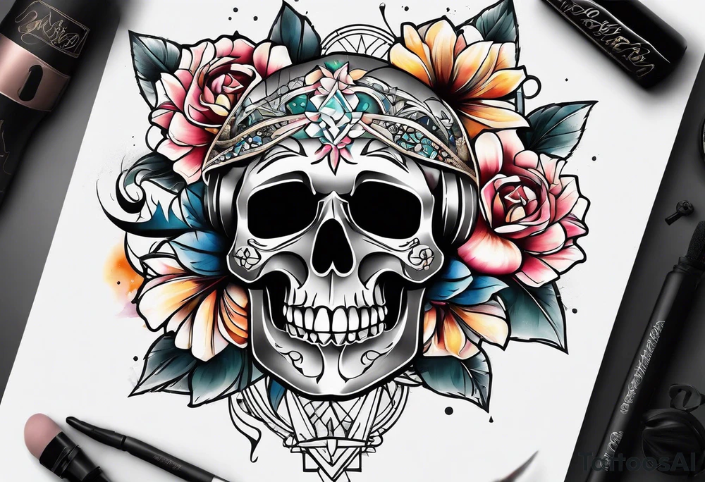 front knee tattoo with flowers & skulls, & water washes, background washes tattoo idea