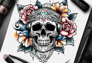 front knee tattoo with flowers & skulls, & water washes, background washes tattoo idea