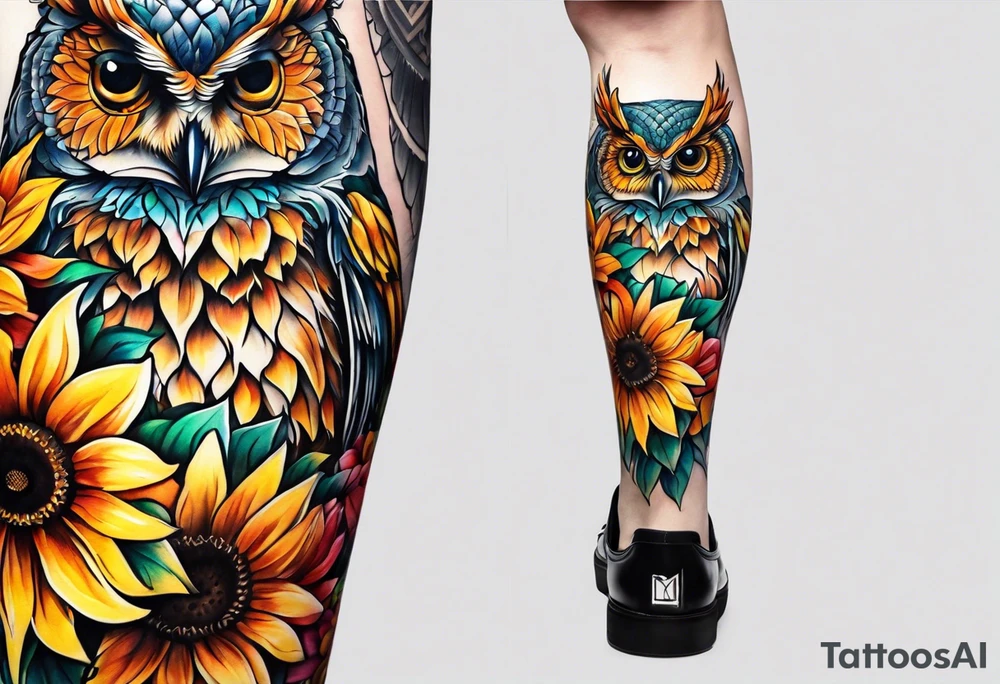 Leg sleeve with colorful sunflowers and an owl tattoo idea