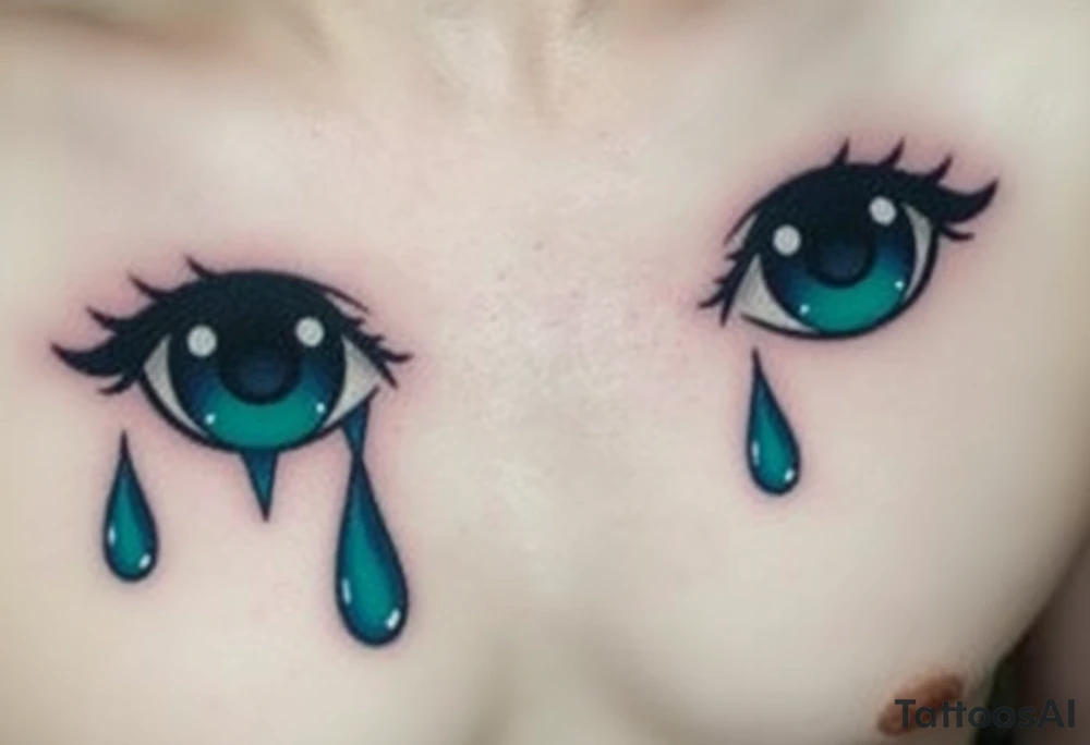 teary eyes with dripping teardrops colored in deep blues and greens, with a faint reflection of the night sk tattoo idea
