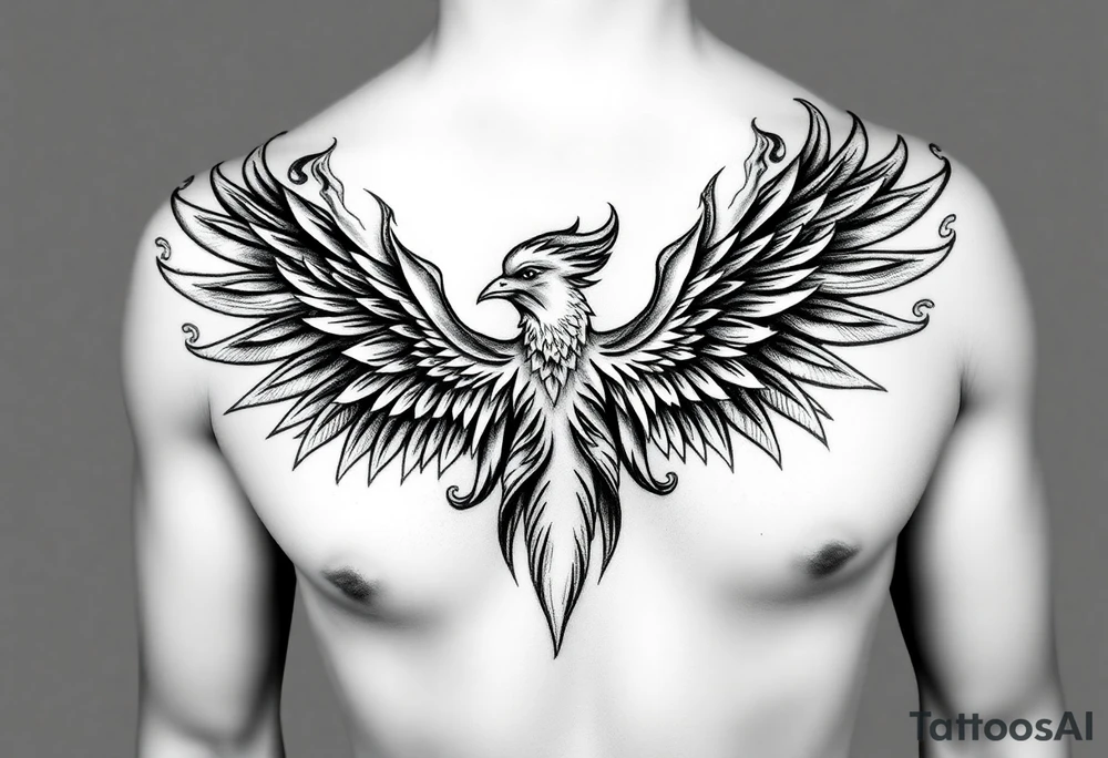 Realistic and symmetrical flaming Phoenix rebirth with spread low wings surrounded by fire mapped onto chest only
Phoenix head must be in the middle of the chest, straight and symmetrical 
Fire should be surrounding spread wings
Wings should be spread low only on chest muscle tattoo idea