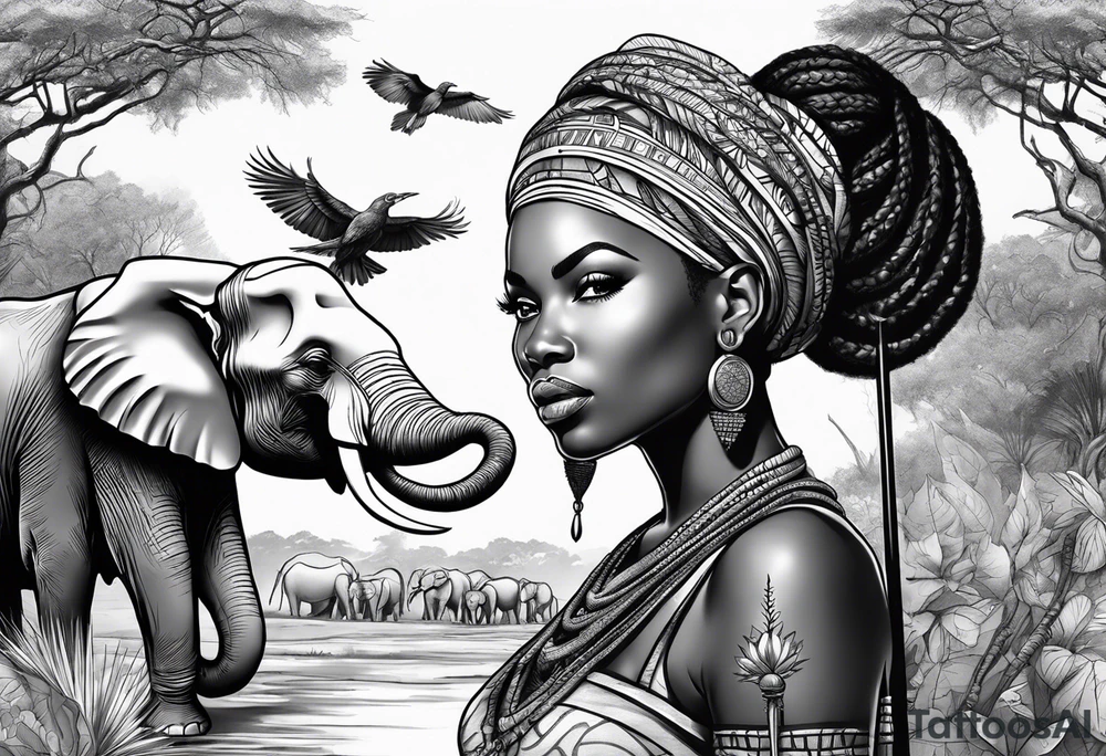 African woman warrior holding spear with ear rings and trees and brids and elephants in the background tattoo idea