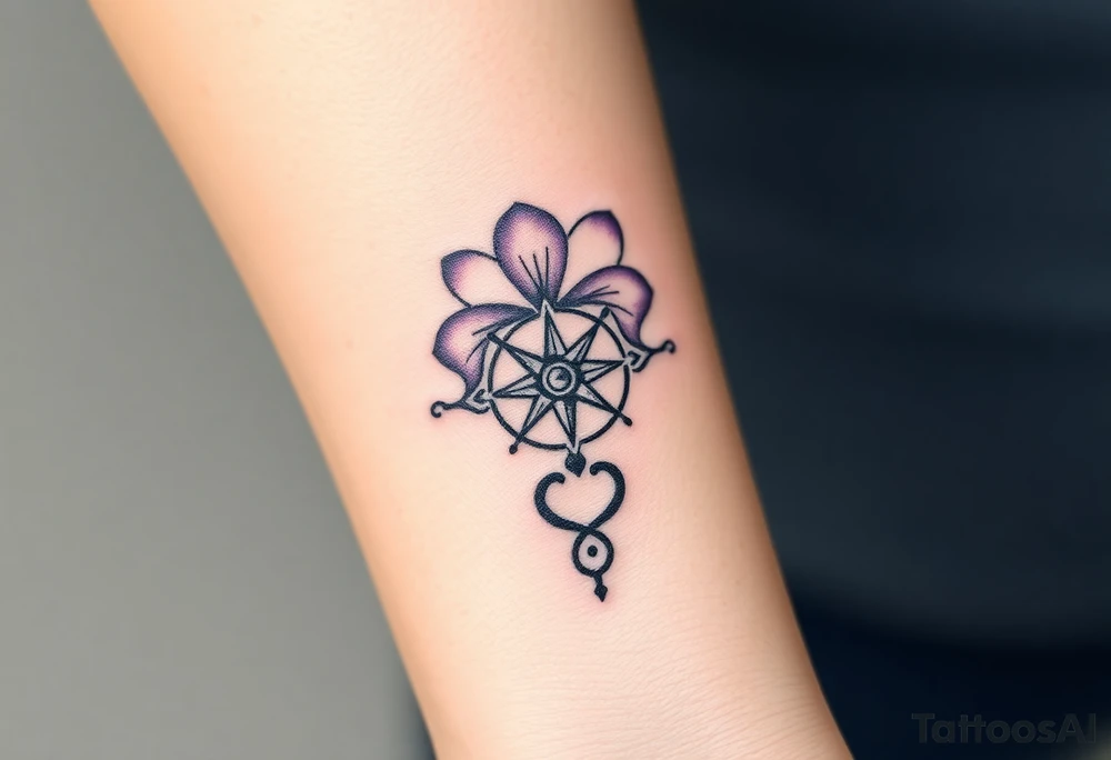 A single Violet with detailed compass at its center representing feminine power and an ankh or Celtic knot tattoo idea