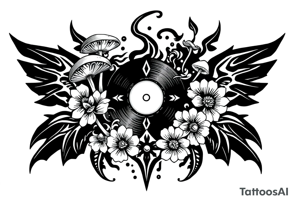vinyl record with mushrooms, flowers, and music notes tattoo idea