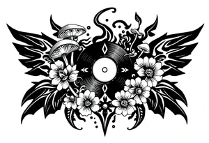 vinyl record with mushrooms, flowers, and music notes tattoo idea