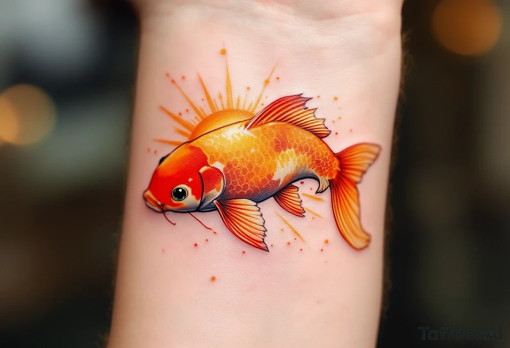 Orange and Yellow Koi with Sun Rays – A bright koi in warm sunset tones, highlighted by golden sunbeams streaming down through the water. tattoo idea