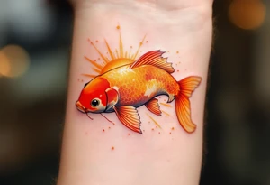 Orange and Yellow Koi with Sun Rays – A bright koi in warm sunset tones, highlighted by golden sunbeams streaming down through the water. tattoo idea