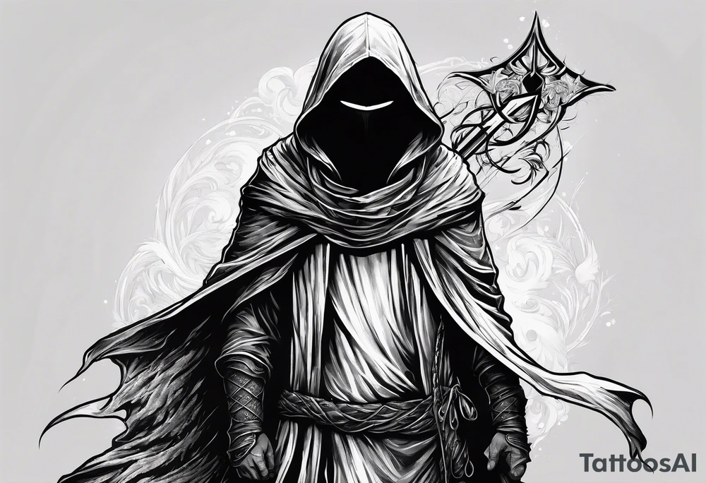 Hooded figure with no face carrying staff and wearing a long tattered cloak tattoo idea