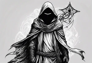 Hooded figure with no face carrying staff and wearing a long tattered cloak tattoo idea