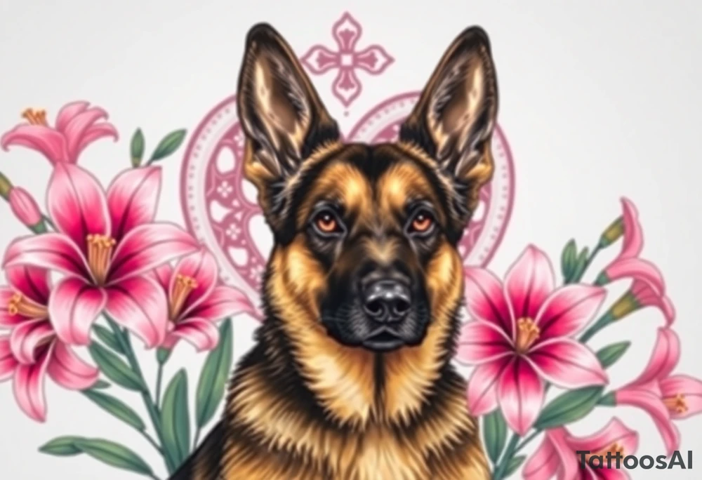 realistic german shepherd with alert ears looking protective surrounded by pink lilies with leaves in front of a sacred heart tattoo idea