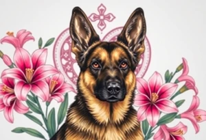 realistic german shepherd with alert ears looking protective surrounded by pink lilies with leaves in front of a sacred heart tattoo idea