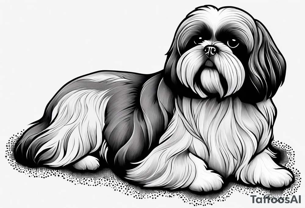 Design a small outline tattoo of a Shih Tzu with long hair flowing, capturing its adorable and regal presence. tattoo idea